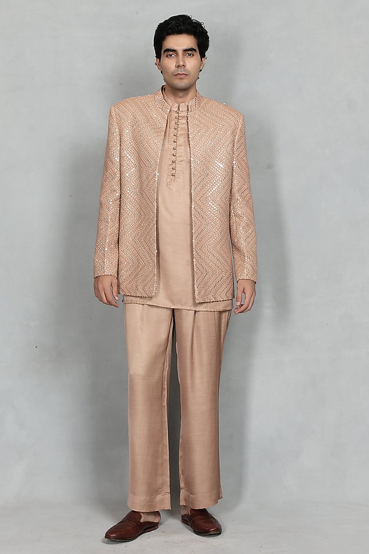 Rose Gold Chikankari Fabric Mirror Hand Embroidered Jacket Set by Bohame Men at Pernia's Pop Up Shop