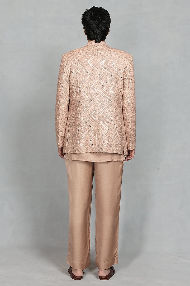 Rose Gold Chikankari Fabric Mirror Hand Embroidered Jacket Set by Bohame Men at Pernia's Pop Up Shop