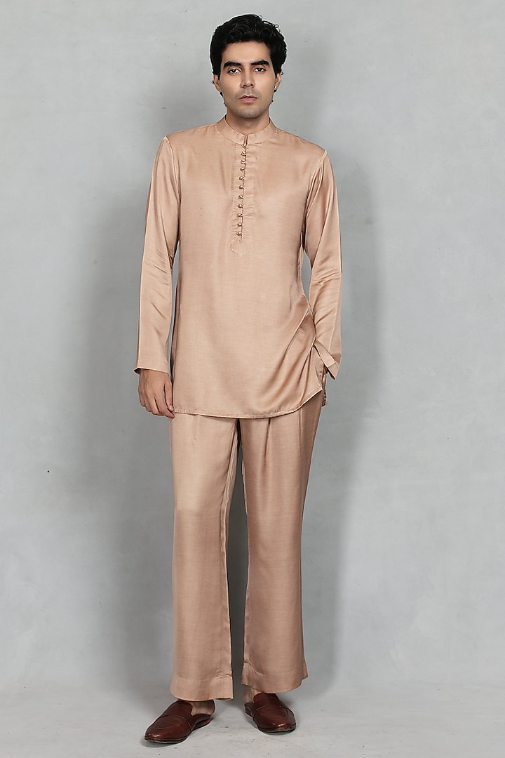 Rose Gold Chikankari Fabric Mirror Hand Embroidered Jacket Set by Bohame Men at Pernia's Pop Up Shop