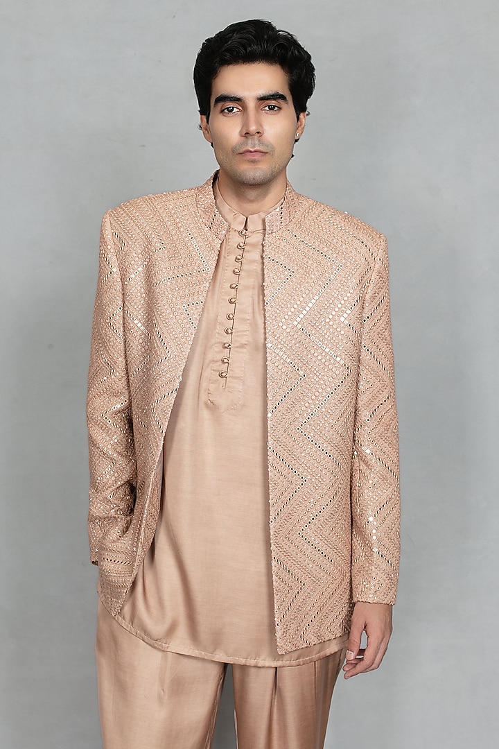 Rose Gold Chikankari Fabric Mirror Hand Embroidered Jacket Set by Bohame Men at Pernia's Pop Up Shop