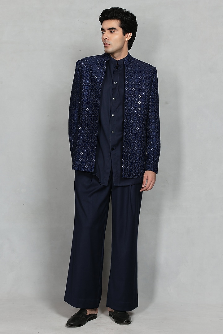 Navy Blue Chikankari Fabric Embroidered Jacket Set by Bohame Men at Pernia's Pop Up Shop