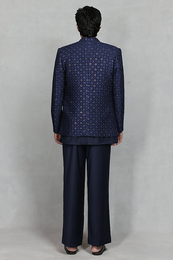 Navy Blue Chikankari Fabric Embroidered Jacket Set by Bohame Men at Pernia's Pop Up Shop
