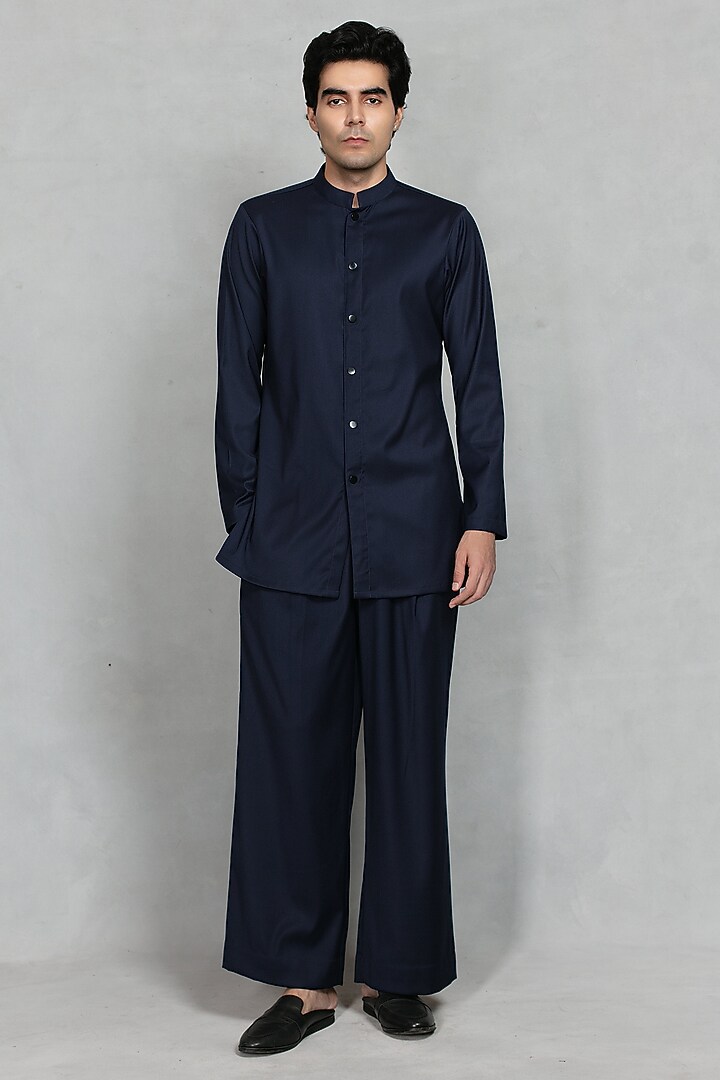 Navy Blue Chikankari Fabric Embroidered Jacket Set by Bohame Men at Pernia's Pop Up Shop