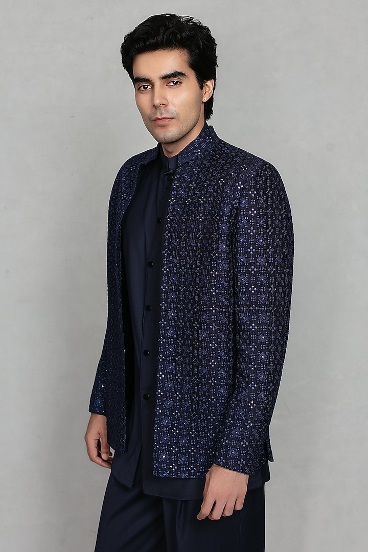 Navy Blue Chikankari Fabric Embroidered Jacket Set by Bohame Men at Pernia's Pop Up Shop
