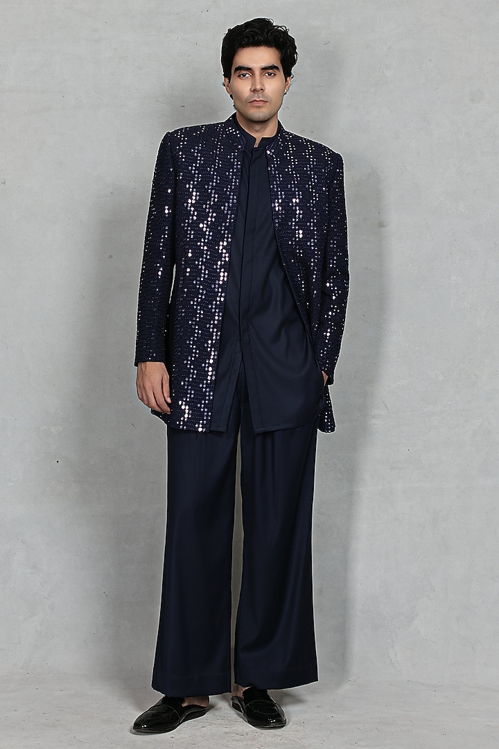 Navy Blue Chikankari Fabric Sequins Embroidered Jacket Set by Bohame Men at Pernia's Pop Up Shop