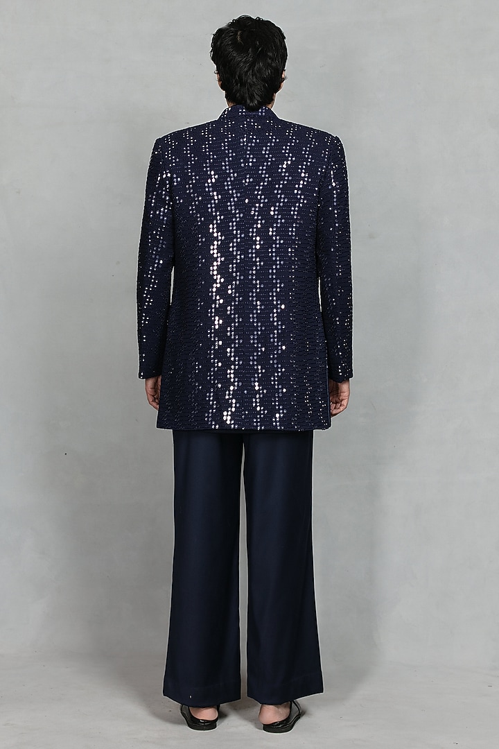 Navy Blue Chikankari Fabric Sequins Embroidered Jacket Set by Bohame Men at Pernia's Pop Up Shop