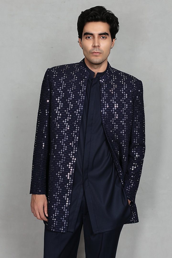 Navy Blue Chikankari Fabric Sequins Embroidered Jacket Set by Bohame Men at Pernia's Pop Up Shop