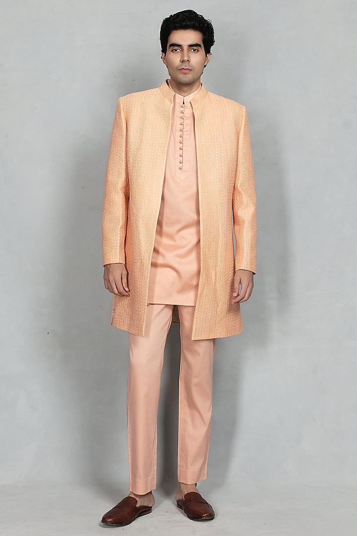Peach Chikankari Fabric Embroidered Jacket Set by Bohame Men at Pernia's Pop Up Shop