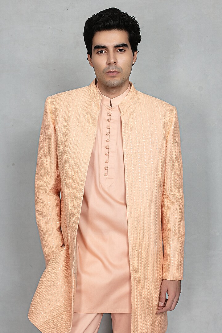 Peach Chikankari Fabric Embroidered Jacket Set by Bohame Men at Pernia's Pop Up Shop