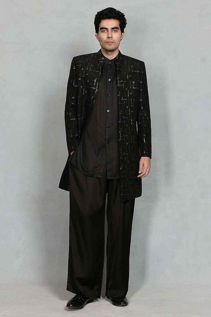 Black Chikankari Fabric Geometric Embroidered Jacket Set by Bohame Men at Pernia's Pop Up Shop