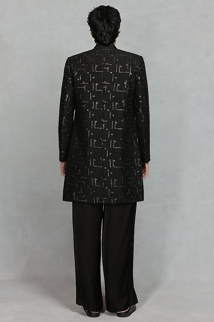 Black Chikankari Fabric Geometric Embroidered Jacket Set by Bohame Men at Pernia's Pop Up Shop