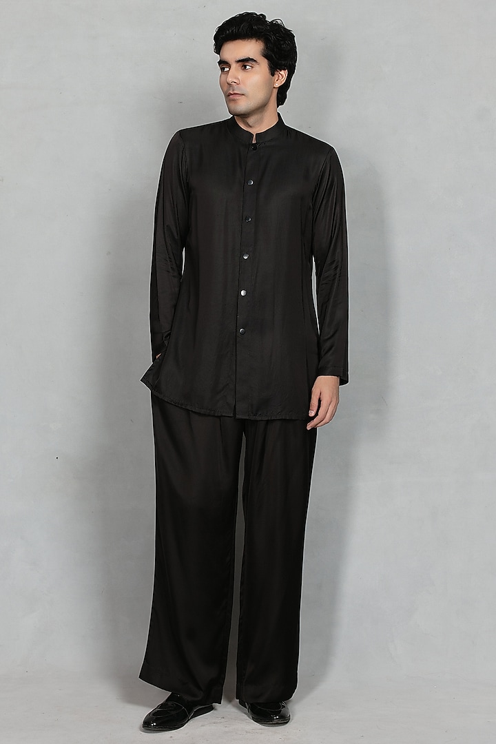Black Chikankari Fabric Geometric Embroidered Jacket Set by Bohame Men at Pernia's Pop Up Shop