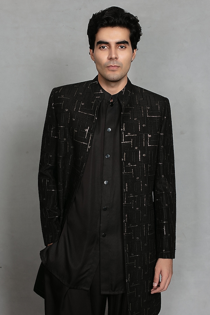 Black Chikankari Fabric Geometric Embroidered Jacket Set by Bohame Men at Pernia's Pop Up Shop