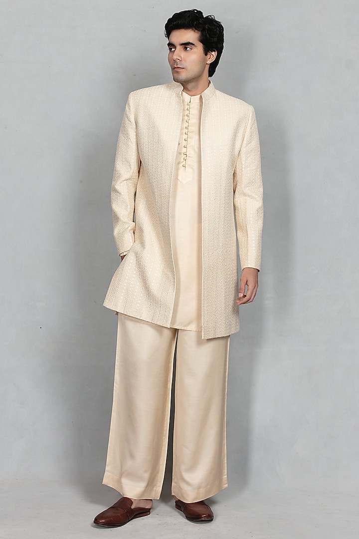 Ivory Chikankari Fabric Embroidered Jacket Set by Bohame Men at Pernia's Pop Up Shop