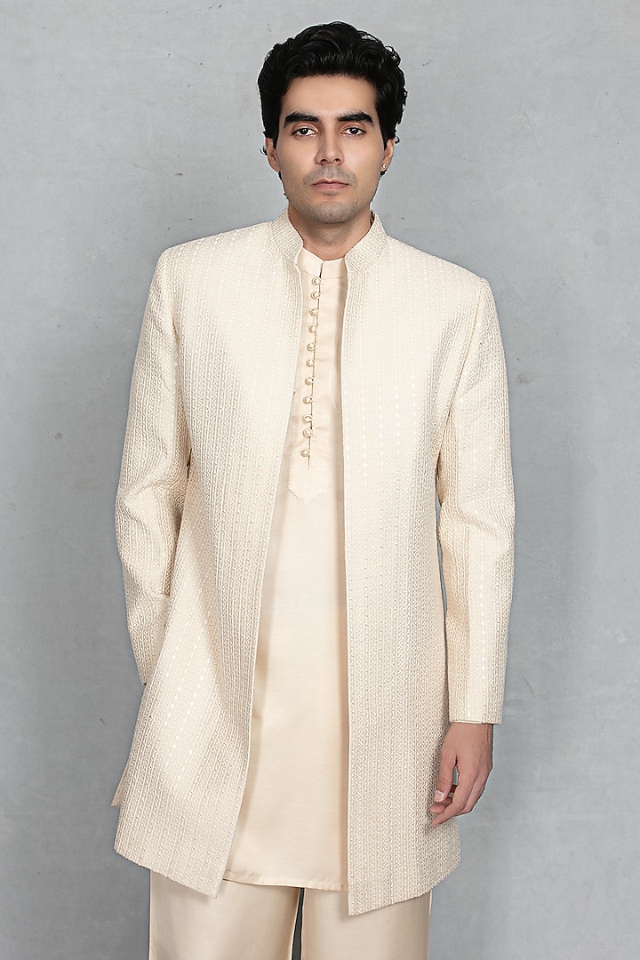 Ivory Chikankari Fabric Embroidered Jacket Set by Bohame Men at Pernia's Pop Up Shop