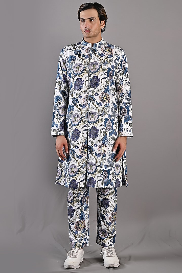 Off-White & Blue Cotton Satin Digital Printed Kurta Set by Bohame Men at Pernia's Pop Up Shop