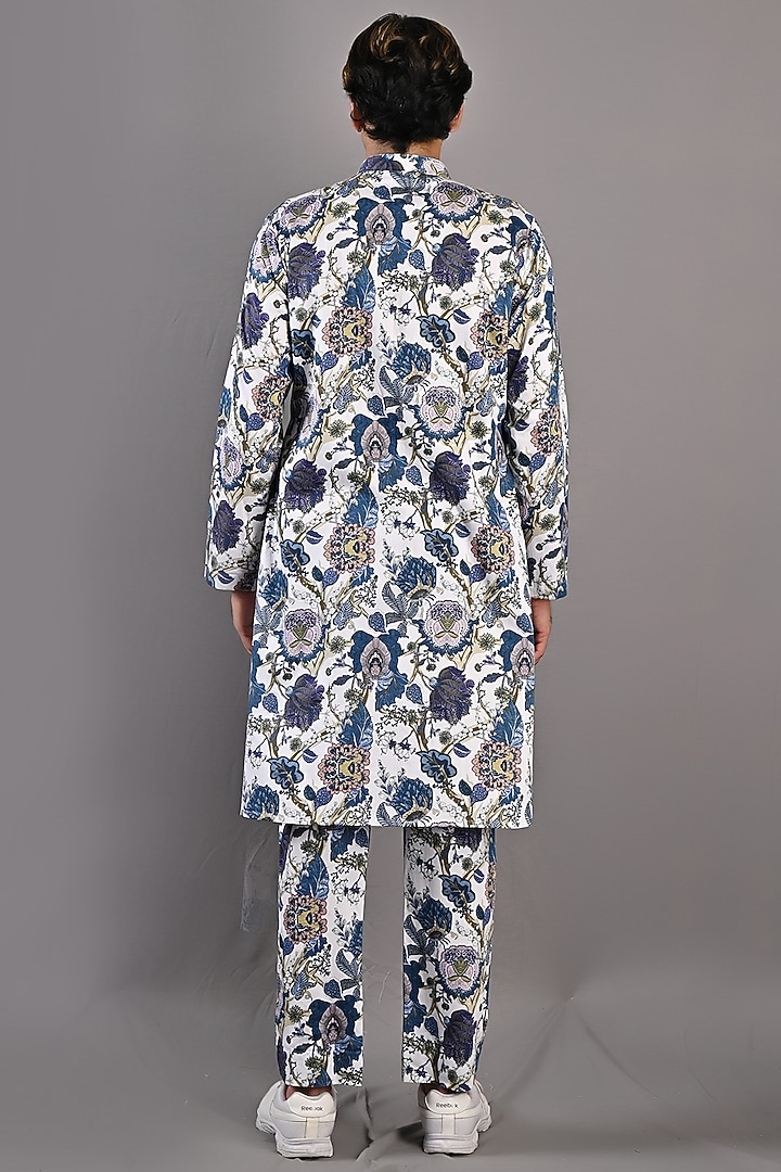 Off-White & Blue Cotton Satin Digital Printed Kurta Set by Bohame Men at Pernia's Pop Up Shop