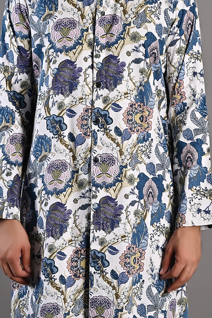 Off-White & Blue Cotton Satin Digital Printed Kurta Set by Bohame Men at Pernia's Pop Up Shop