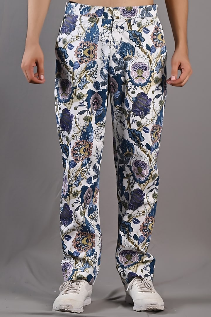 Off-White & Blue Cotton Satin Digital Printed Kurta Set by Bohame Men at Pernia's Pop Up Shop