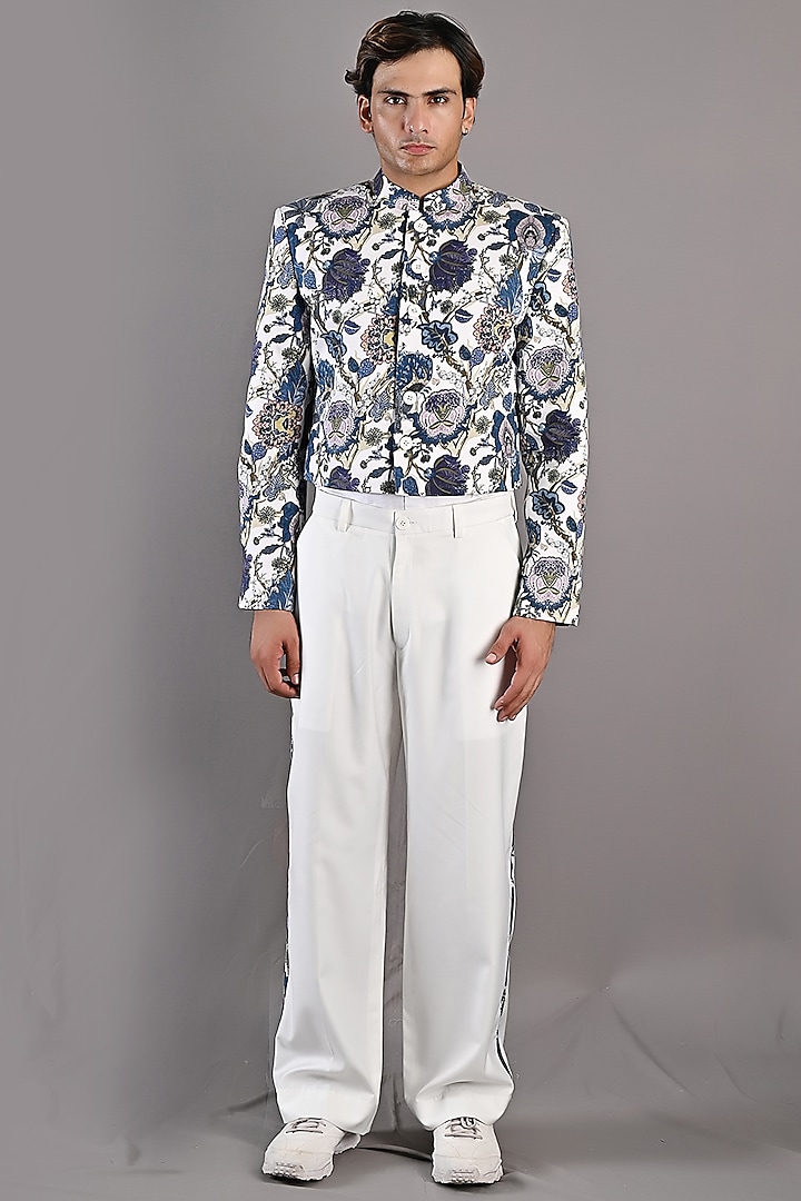 Off-White & Blue Printed Short Jacket Set by Bohame Men