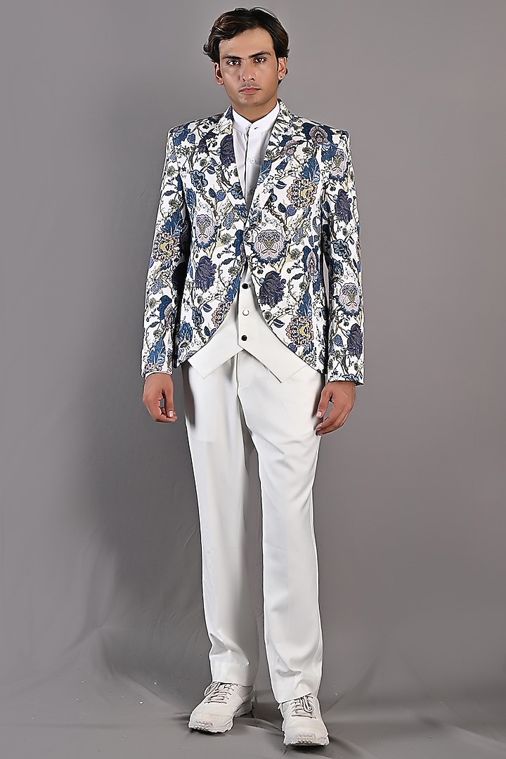 Off-White & Blue Printed Layered Jacket Set by Bohame Men