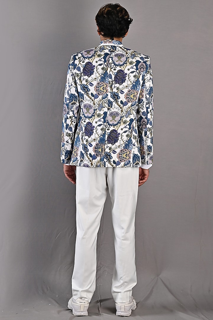 Off-White & Blue Printed Wedding Bandhgala Set by Bohame Men at Pernia's Pop Up Shop