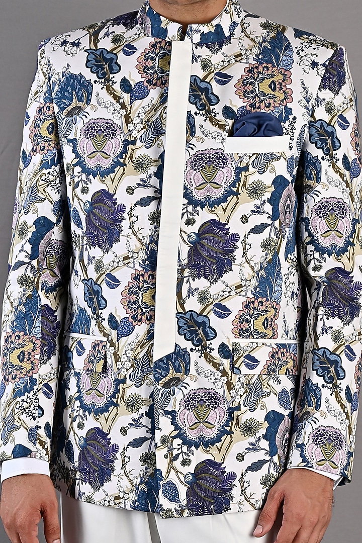 Off-White & Blue Printed Wedding Bandhgala Set by Bohame Men at Pernia's Pop Up Shop