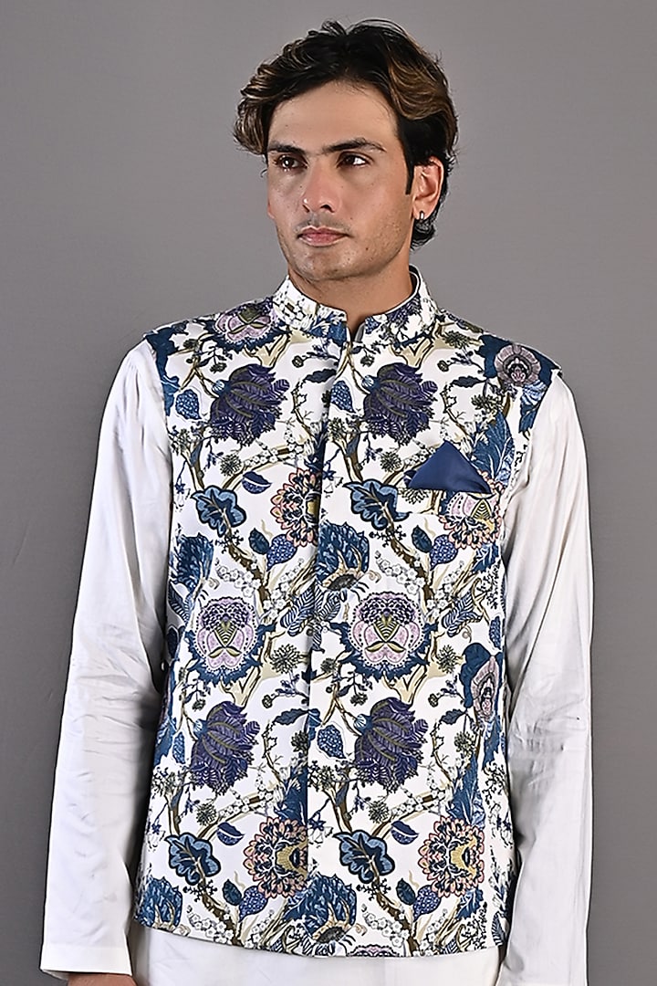 Off-White Cotton Satin Digital Printed Nehru Jacket Set by Bohame Men at Pernia's Pop Up Shop