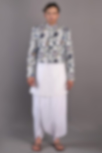 Off-White & Blue Cotton Satin Indo-Western Set by Bohame Men