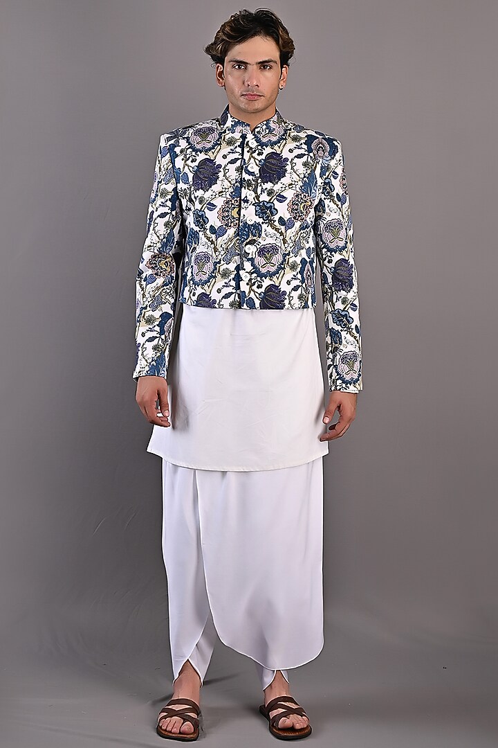 Off-White & Blue Cotton Satin Indo-Western Set by Bohame Men
