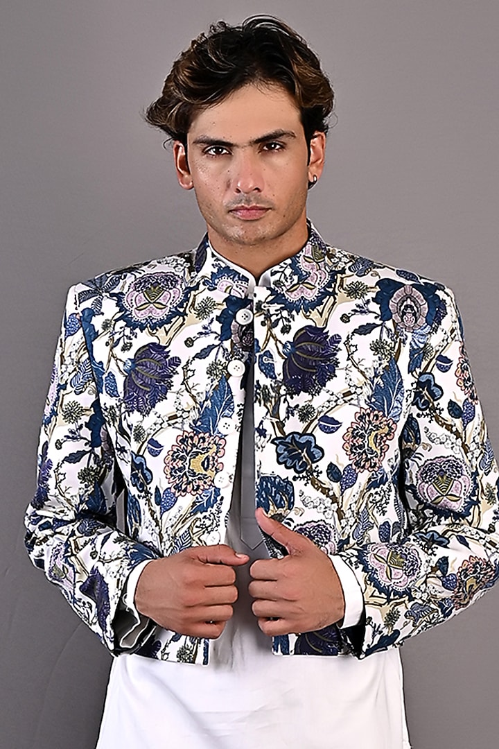 Off-White & Blue Cotton Satin Indo-Western Set by Bohame Men at Pernia's Pop Up Shop