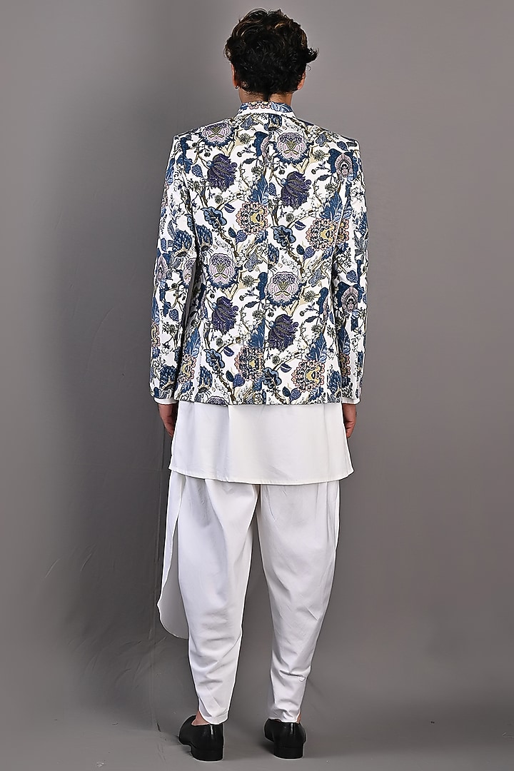 Off-White & Blue Digital Printed Wedding Bandhgala Set by Bohame Men at Pernia's Pop Up Shop