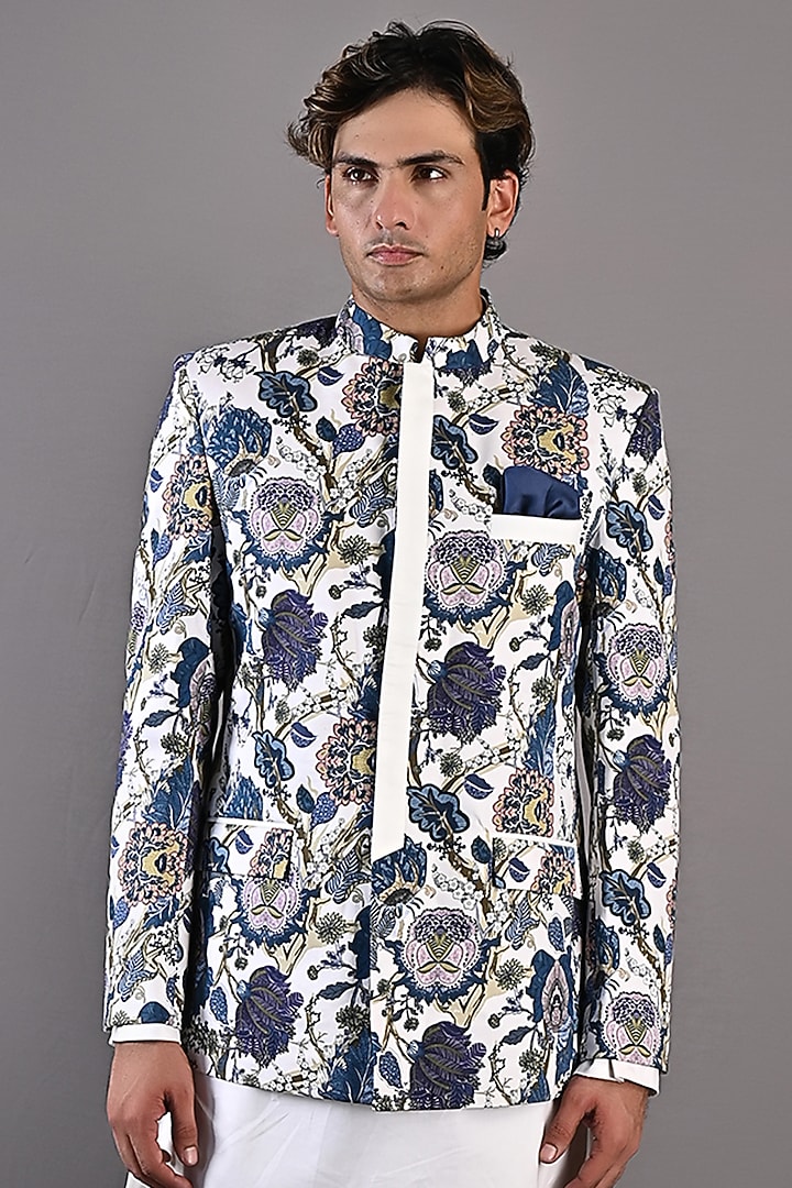 Off-White & Blue Digital Printed Wedding Bandhgala Set by Bohame Men at Pernia's Pop Up Shop
