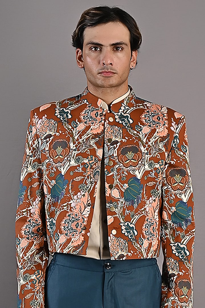 Maroon Printed Short Jacket Set by Bohame Men at Pernia's Pop Up Shop