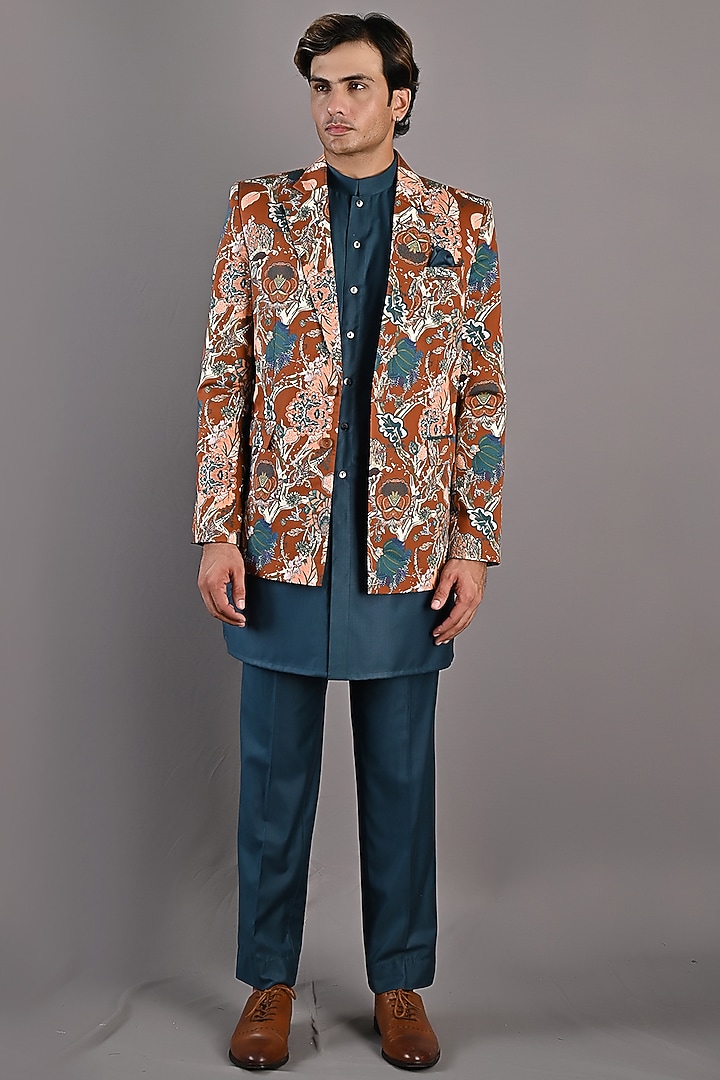 Maroon Printed Indo-Western Set by Bohame Men