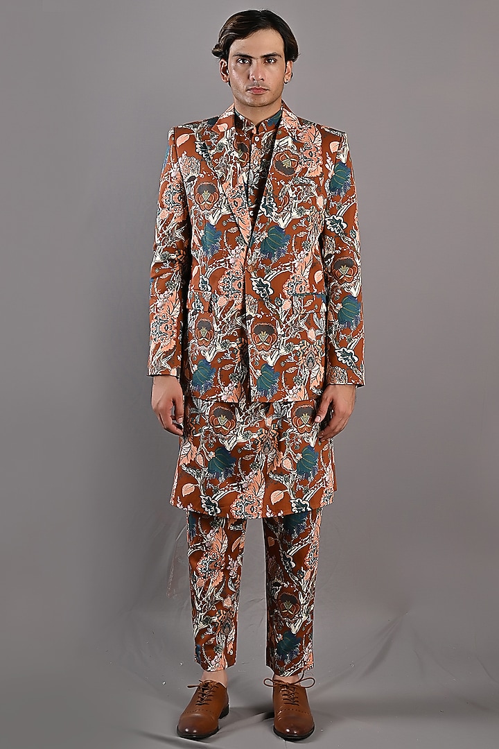 Maroon Cotton Satin Printed Indo-Western Set by Bohame Men