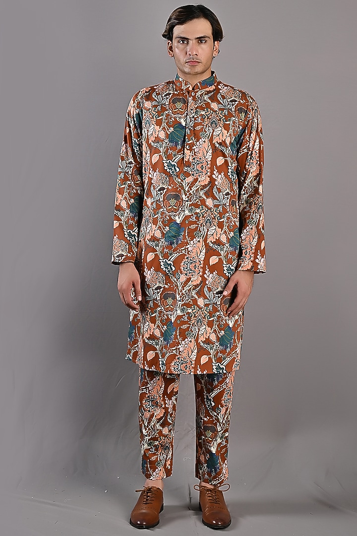 Maroon Cotton Satin Printed Indo-Western Set by Bohame Men at Pernia's Pop Up Shop