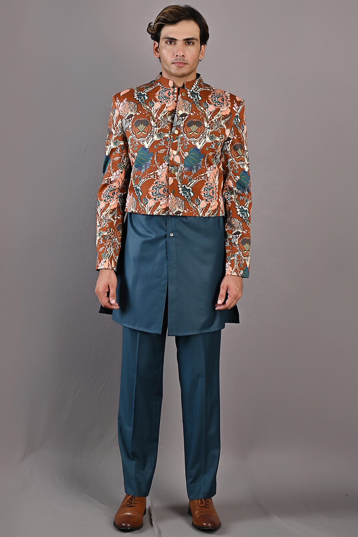 Maroon Printed Indo-Western Set by Bohame Men