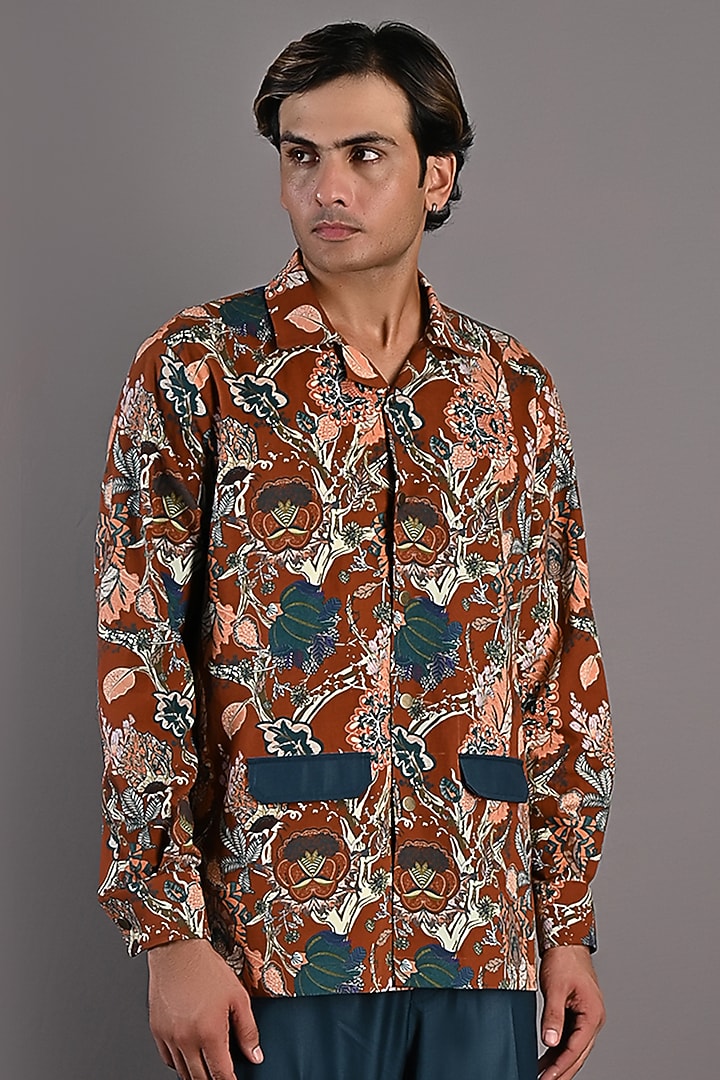 Maroon Linen Printed Shacket Set by Bohame Men at Pernia's Pop Up Shop