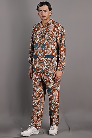 Maroon Digital Printed Shacket Set by Bohame Men