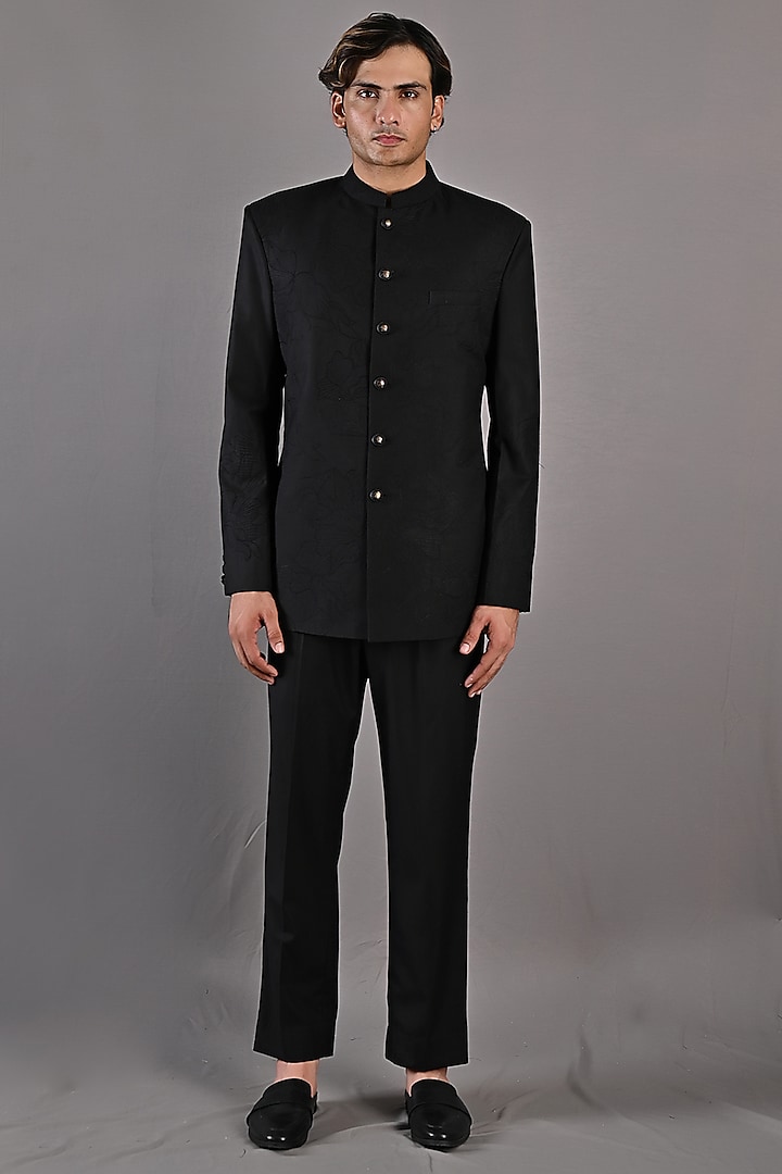 Black Embroidered Bandhgala Set by Bohame Men