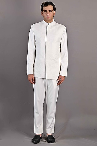 White Embroidered Bandhgala Set by Bohame Men