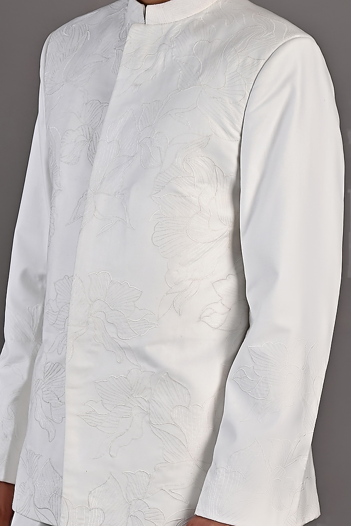 White Embroidered Wedding Bandhgala Set by Bohame Men at Pernia's Pop Up Shop