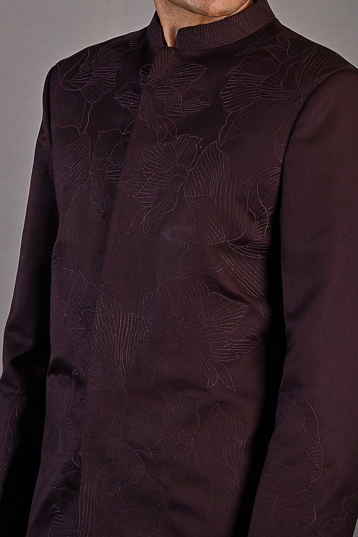 Wine Embroidered Wedding Bandhgala Set by Bohame Men at Pernia's Pop Up Shop