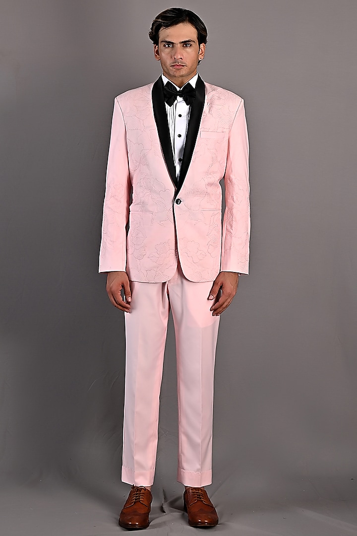 Light Pink Embroidered Tuxedo Set Design by Bohame Men at Pernia's