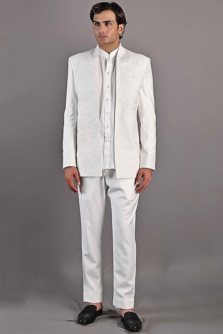 Off-White Embroidered Indowestern Jacket Set by Bohame Men