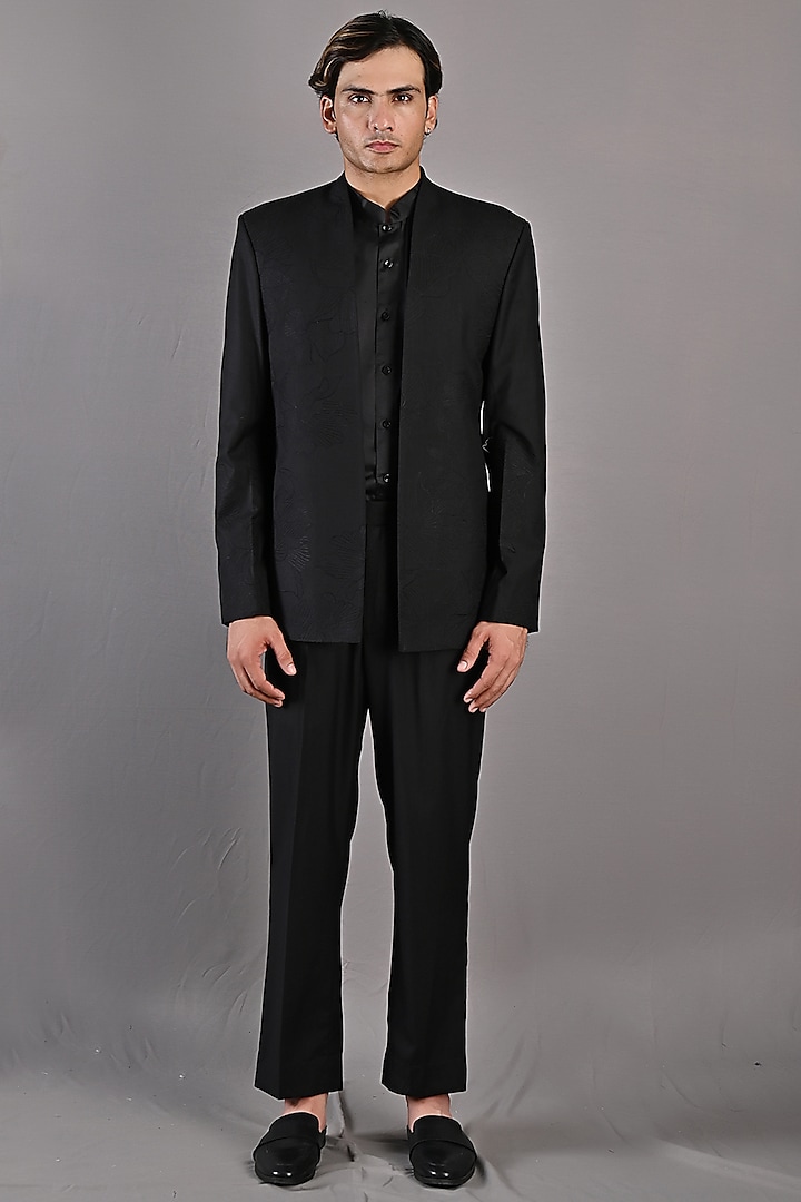 Black Embroidered Indowestern Jacket Set by Bohame Men