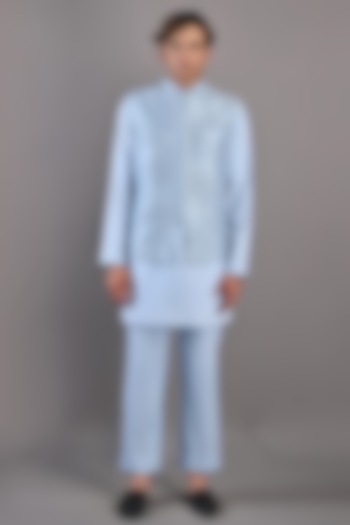 Light Blue Dupion Silk Abstract Embroidered Nehru Jacket Set by Bohame Men at Pernia's Pop Up Shop