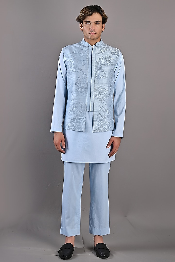 Light Blue Dupion Silk Abstract Embroidered Nehru Jacket Set by Bohame Men at Pernia's Pop Up Shop