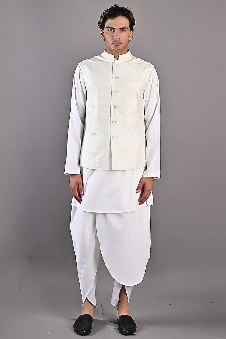 Off-White Dupion Silk Abstract Embroidered Nehru Jacket Set by Bohame Men at Pernia's Pop Up Shop